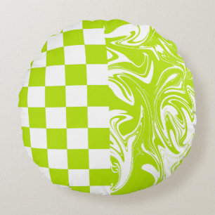 Cheques en Swirls in Lime Groen en Wit Rond Kussen