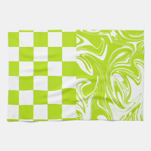 Cheques en Swirls in Lime Groen en Wit Theedoek