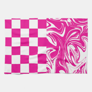Cheques en Swirls in Magenta en Wit Theedoek