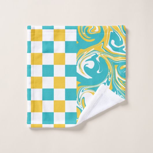 Cheques en Swirls in Turquoise, Geel en Wit Bad Handdoek (Wasdoekje)