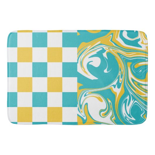 Cheques en Swirls in Turquoise, Geel en Wit Badmat (Voorkant)