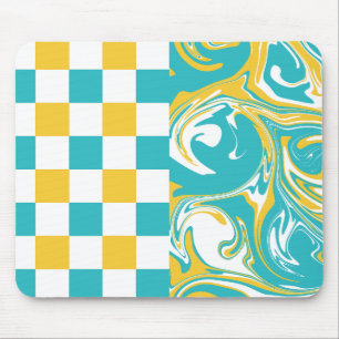 Cheques en Swirls in Turquoise, Geel en Wit Muismat