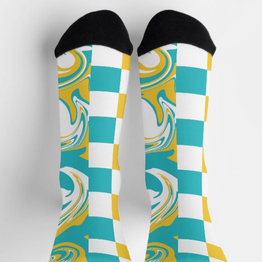 Cheques en Swirls in Turquoise, Geel en Wit Sokken (Top)
