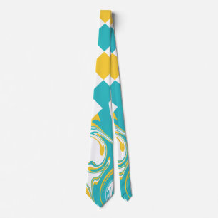 Cheques en Swirls in Turquoise, Geel en Wit Stropdas