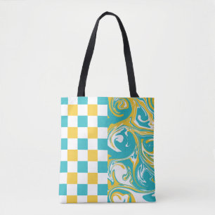 Cheques en Swirls in Turquoise, Geel en Wit Tote Bag