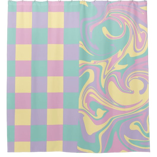 Cheques & Swirls Pastel Roze, Geel, Paars en groen Douchegordijn (Voorkant)