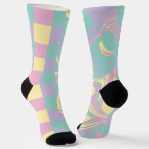 Cheques & Swirls Pastel Roze, Geel, Paars en groen Sokken