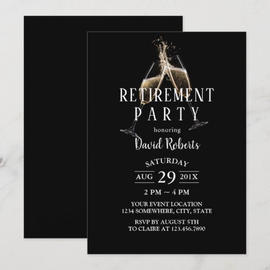 Cheques to Retirement Champagne Toast Elegant Blac Kaart (Voorkant / Achterkant)