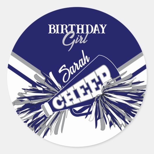 Cher Birthday - Navy Blauw, Grijs en Wit Ronde Sticker (Voorkant)