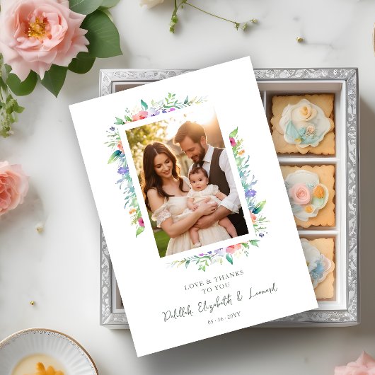 Cherish Cute Floral Frame Christening Photo Bedankkaart