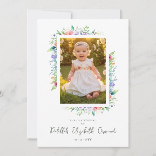 Cherish Cute Floral Frame Christening Photo  Kaart (Voorkant)