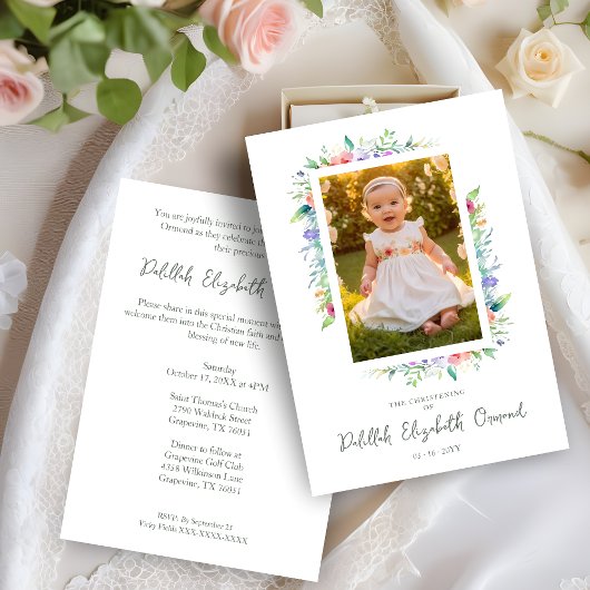 Cherish Cute Floral Frame Christening Photo  Kaart