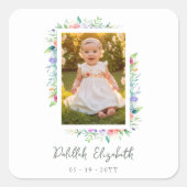 Cherish Cute Floral Frame Christening Photo Vierkante Sticker (Voorkant)
