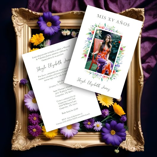 Cherish Cute Floral Frame Quinceañera Photo Kaart