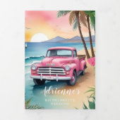 Cherish Cute Pink Van Floral Beach Bachelorette Drieluik Uitnodiging (Cover)