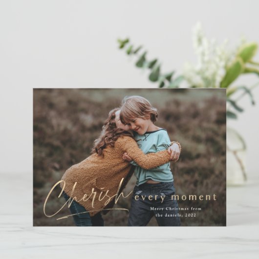 Cherish each Moment Script Photo Merry Kerstmis Kaart (Staand voorkant)