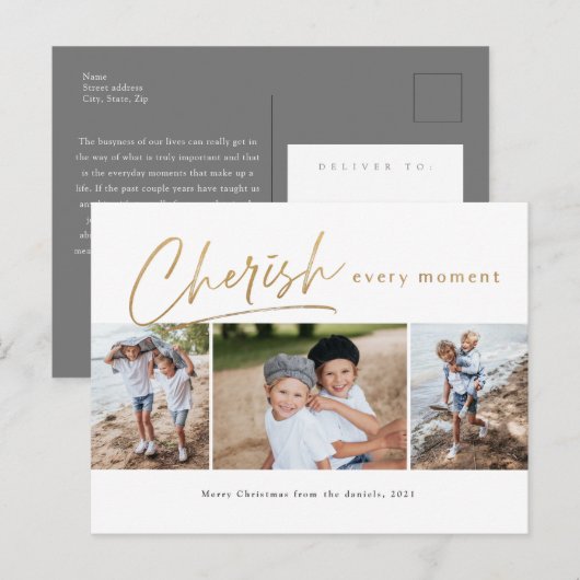 Cherish elk moment drie foto kerstkaart briefkaart (Voorkant / Achterkant)