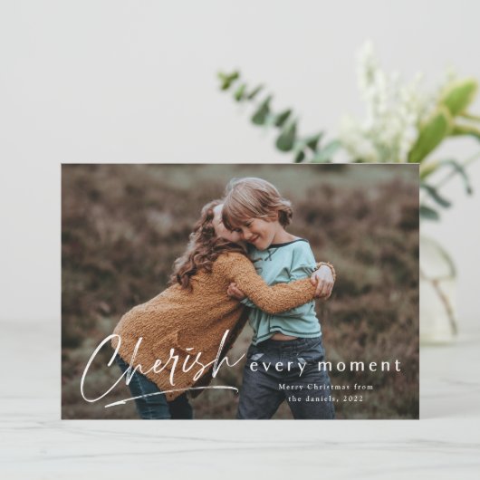 Cherish Every Moment Script Photo Merry Christmas Kaart (Staand voorkant)