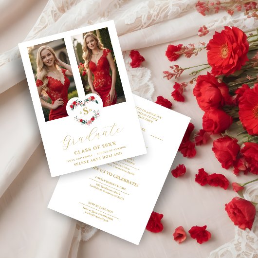 Cherish  Floral Heart Initials Graduate 2 Photos Kaart