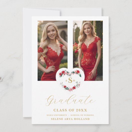 Cherish  Floral Heart Initials Graduate 2 Photos Kaart (Voorkant)