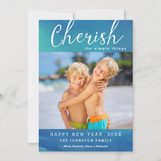 Cherish New Year Photo Card / Ocean Blue Feestdagenkaart (Voorkant)