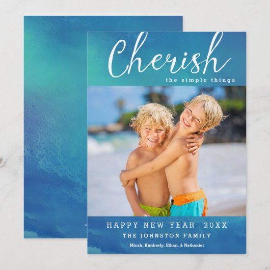 Cherish New Year Photo Card / Ocean Blue Feestdagenkaart (Voorkant / Achterkant)