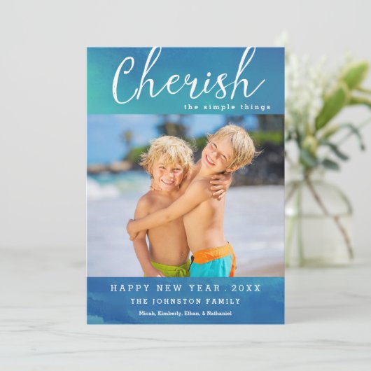 Cherish New Year Photo Card / Ocean Blue Feestdagenkaart (Staand voorkant)