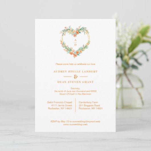 Cherish Orange & Green Floral Heart Wreath Wedding Kaart (Staand voorkant)