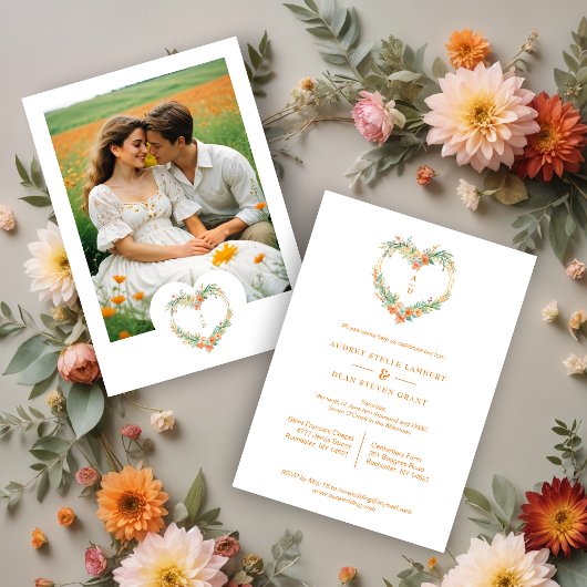Cherish Orange & Green Floral Heart Wreath Wedding Kaart