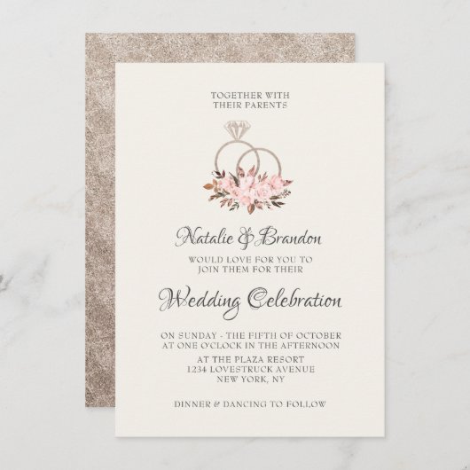  Cherish Pink Floral Rozen & Rings Wedding Kaart (Voorkant / Achterkant)