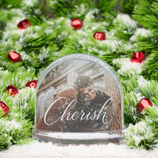 Cherish Script Photo Snow Globe – Personalized 2‑P Sneeuwbol (Kerstmis)