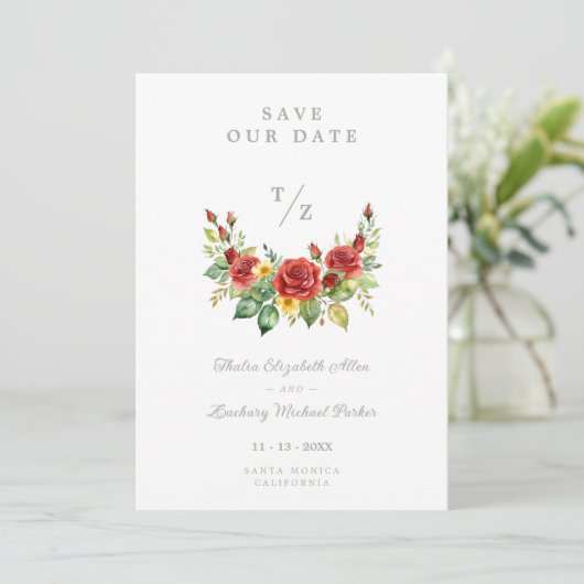 Cherish Spring Floral Red Garland Wedding Initials Save The Date (Staand voorkant)