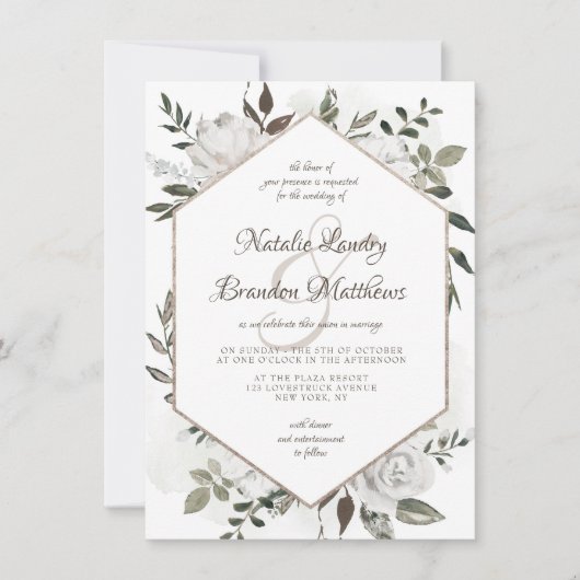  Cherish White Floral Hexagon Bruiloft Kaart (Voorkant)
