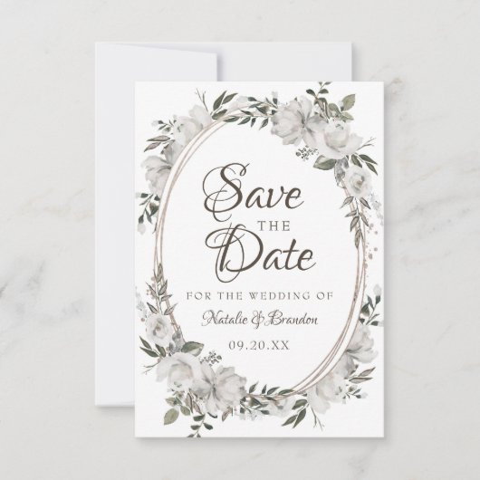  Cherish White Floral & Rozen Ovaal Lijst Save The Date (Voorkant)