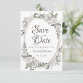  Cherish White Floral & Rozen Ovaal Lijst Save The Date (Staand voorkant)