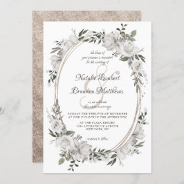Cherish White Floral & Rozen Oval Wedding Kaart