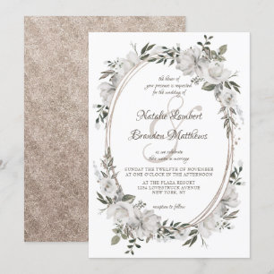 Cherish White Floral & Rozen Oval Wedding Kaart