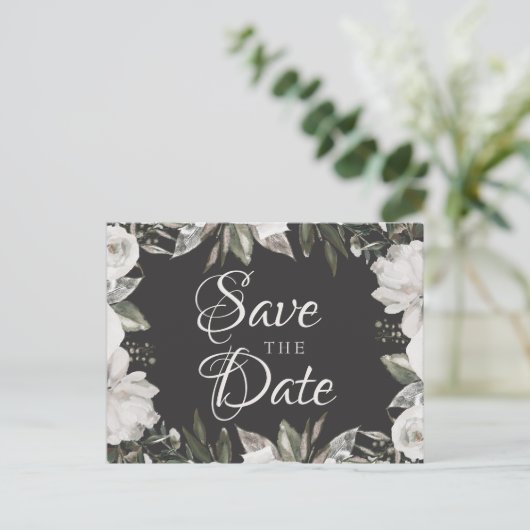  Cherish White Floral & Rozen Save the Date Aankondigingskaart (Staand voorkant)