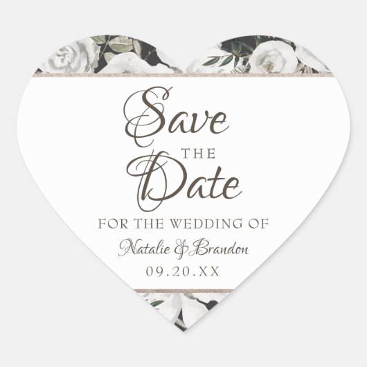 Cherish White Floral & Rozen Save the Date Hart Sticker (Voorkant)