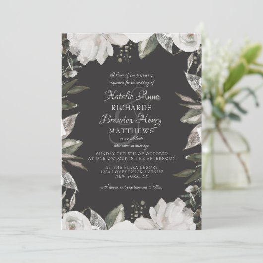 Cherish Wit Bloemen & Roos Border Bruiloft Kaart (Staand voorkant)