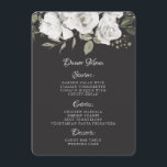 Cherish Wit Bloemen & Roos Goud Diner Menu<br><div class="desc">Cherish White Bloemen & Roos Goud geschilderde Rozen en bloemen. Een klassieke en elegante look, en veel grijs, ivoorwit, Roos goud, stoffig roze, dennengroen en grijs bladeren en bladeren. Met handgeschilderde bloemelementen, klassieke scriptlettertypen en elegante Roos gouden glitter Folie op een houtskool donkergrijs bijna zwarte kleur bewerkbare achtergrond- bruiloft diner...</div>