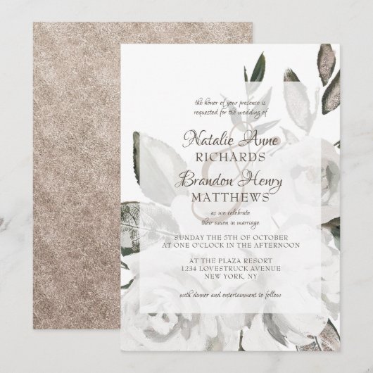  Cherish Wit Bloemen & Roos Ingelijste Bruiloft Kaart (Voorkant / Achterkant)