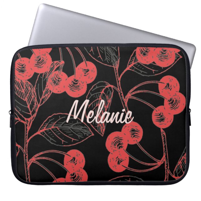 Cherries and Leaves Red on Black Personalised Laptop Sleeve (Voorkant)