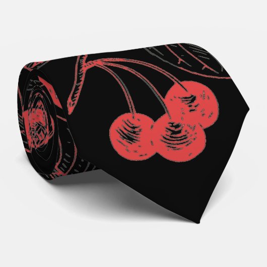 Cherries and Leaves Red on Black Stropdas (Opgerold)