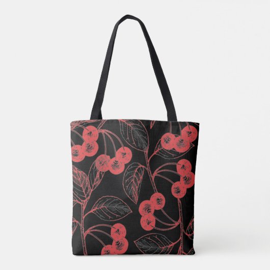 Cherries and Leaves Red on Black Tote Bag (Achterkant)