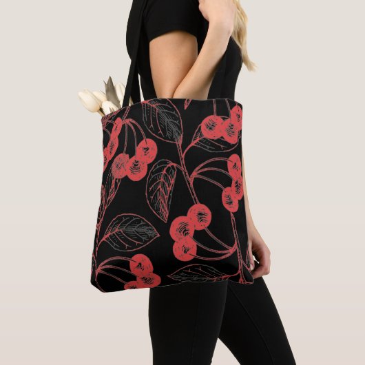 Cherries and Leaves Red on Black Tote Bag (Dichtbij)