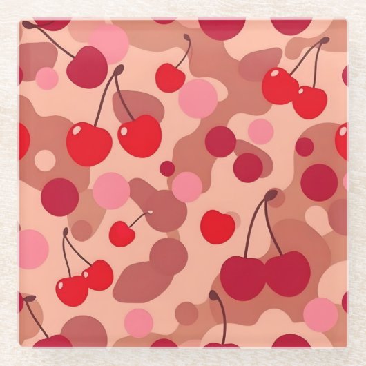 Cherries Art Pink Square Glass Coaster Glazen Onderzetter (Voorkant)