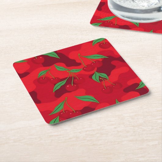 Cherries Camo Red Coaster Set Kartonnen Onderzetters (Schuin)