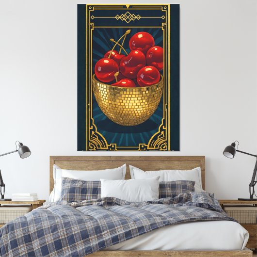 Cherries in Golden Mosaic Bowl deco art Canvas Afdruk (Insitu (Slaapkamer))