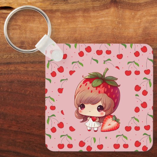 cherries Pattern Pink & Red Sleutelhanger (Voorkant)